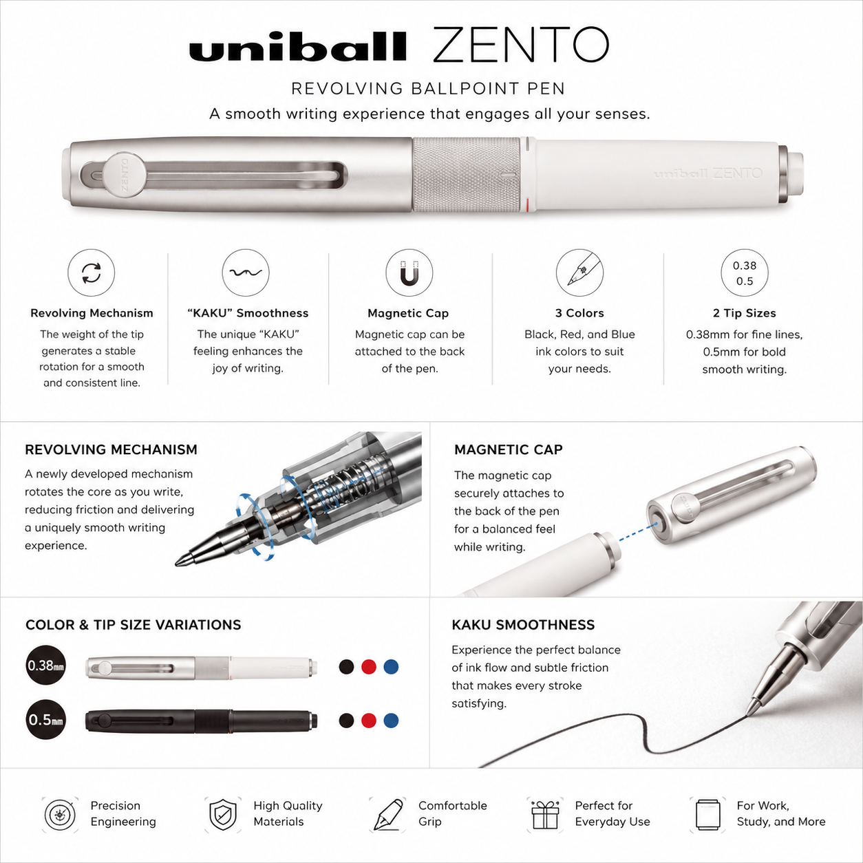 Uni-ball ZENTO Signature 3 Color Ballpoint Pen with Magnetic Cap Rotary Mechanism 0.38mm 0.5mm Premium Business Pen